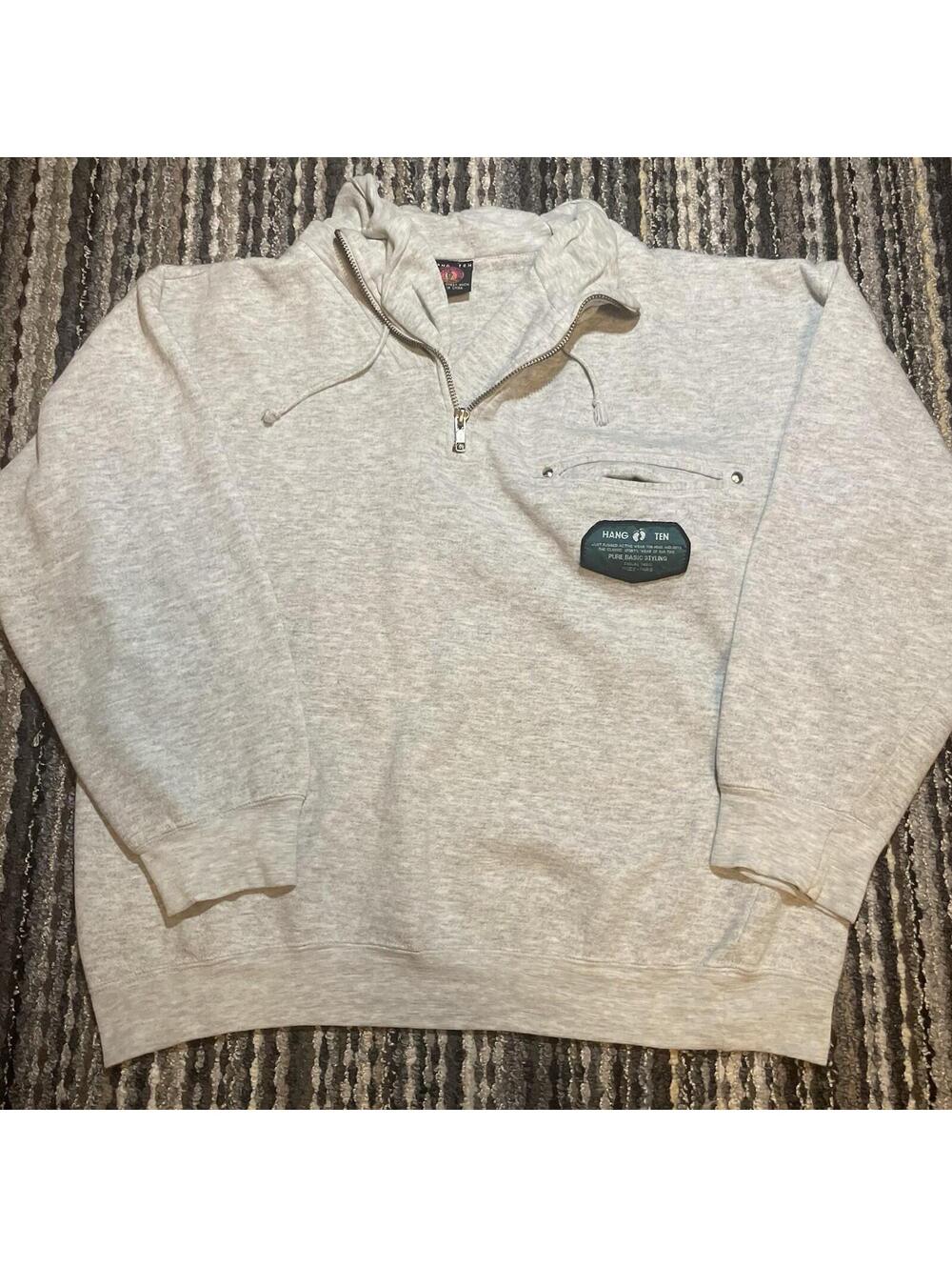 Y2K Hang Ten Gray Quarter Zip Women's Sweater Size Small Drawstring Pocket